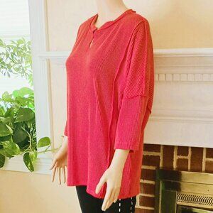 Blumin Orange Ribbed Top L Short Dolman Sleeve Split Neck Slub